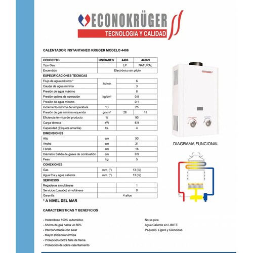 Calentador Instantáneo Boiler 6 Lts Gas Natural 4406n Kruger.