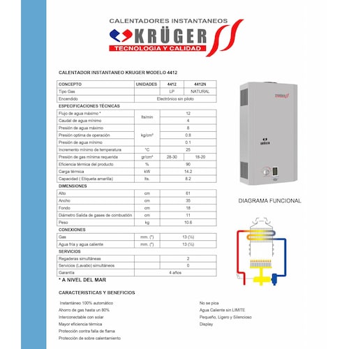 Calentador Boiler Agua Automatico 12Lts Gas Lp 4412 Kruger.