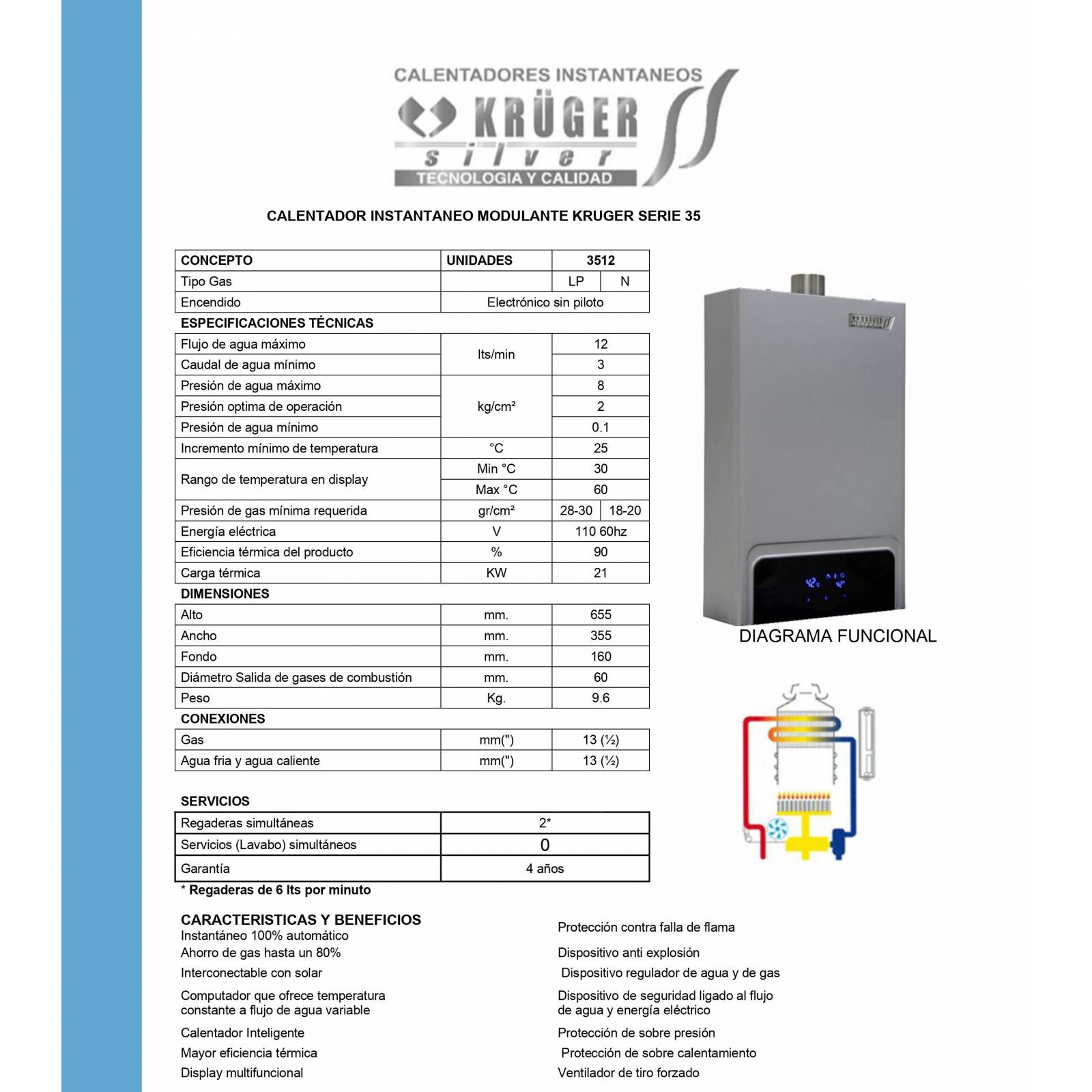 Calentador Boiler Instantaneo Gas Natural 12Lts 3512N Kruger.