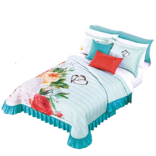 Colcha King Size Microfibra C/Fundas Rose Turquesa Concord