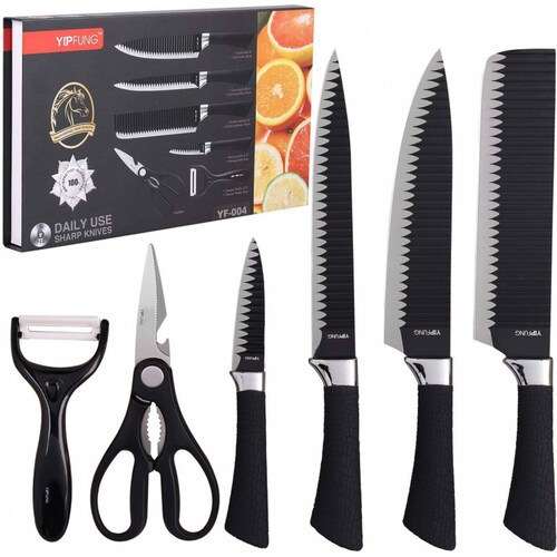 Set 4 Cuchillos 1 Pelapapas 1 Tijeras Negros Plus Gourmet