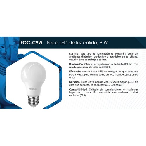 Foco LED Luz Cálida 9W Flujo Luminoso 800lm E26 Steren