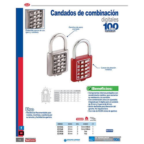 Candado Digital Corto 35mm Acero Cromado Brillante Lock