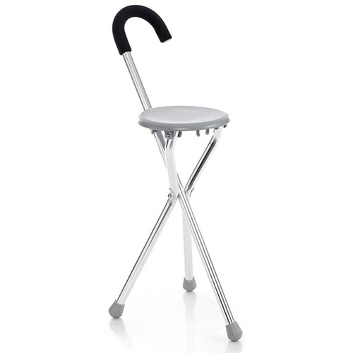 Bastón Aluminio C/Asiento Plástico Redondo Plateado Tynor