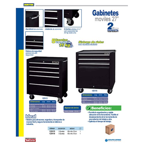 Gabinetes Movil 5 Gavetas Acero Inoxidable Negro Surtek