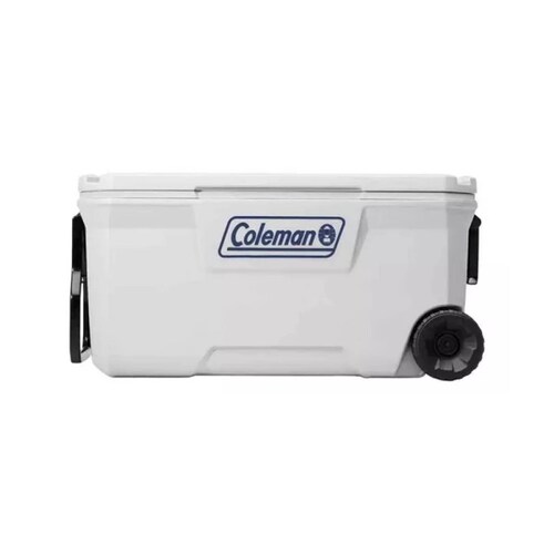 Hielera 100 Qt Rodante Bisagra Acero Blanco Coleman.
