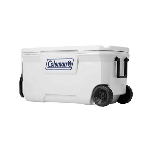 Hielera 100 Qt Rodante Bisagra Acero Blanco Coleman.