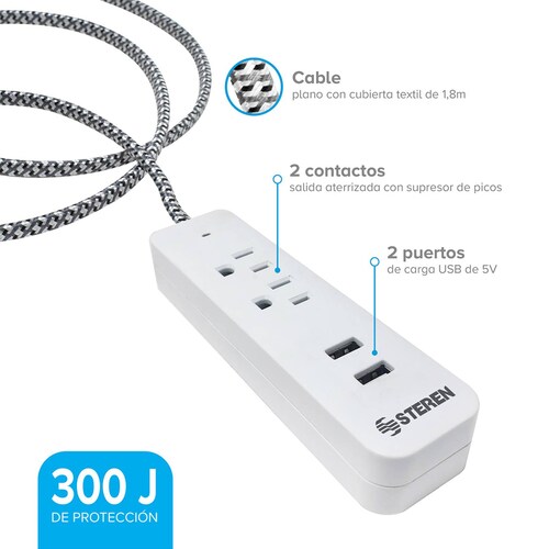 Multicontacto de 2 salidas horizontales y doble cargador USB 
