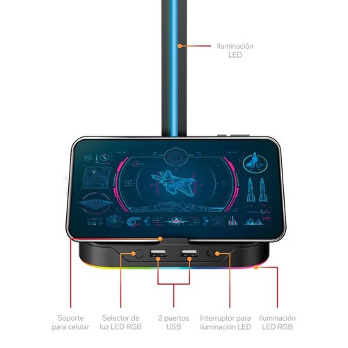 Soporte Gamer para audífonos con HUB USB y luz LED RGB 