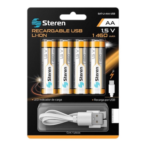 4 baterías recargables USB Li-Ion tipo AA, de 1460 mAh 