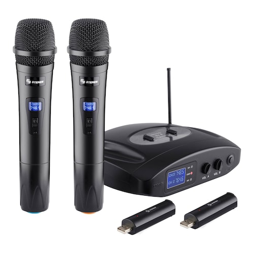 Sistema profesional de 2 micrófonos inalámbricos UHF, con batería recargable Steren