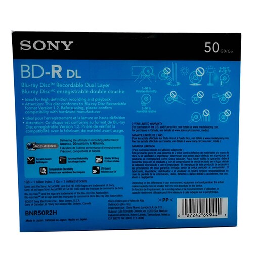 Disco SONY Blu-Ray 50GB Virgen 1 Pieza BNR50R2H 