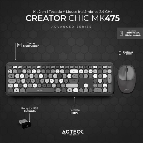 Kit Teclado y Mouse ACTECK CREATOR CHIC COLORS MK475 Inalambrico USB 2.4Ghz Delgado Gris AC-935166 