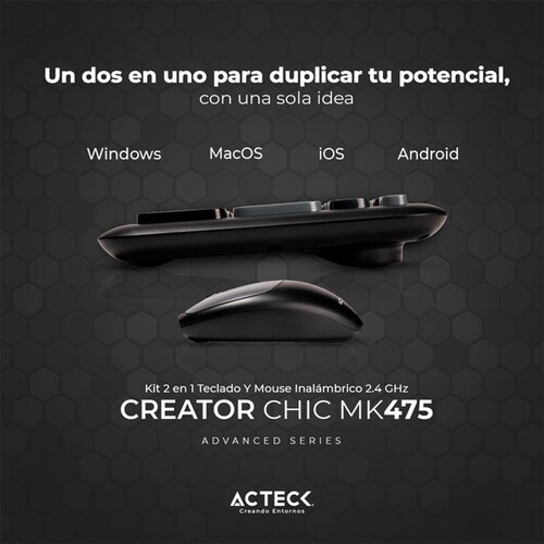 Kit Teclado y Mouse ACTECK CREATOR CHIC COLORS MK475 Inalambrico USB 2.4Ghz Delgado Gris AC-935166 