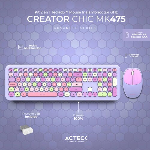 Kit Teclado y Mouse ACTECK CREATOR CHIC COLORS MK475 Inalambrico USB 2.4Ghz Delgado Morado AC-935173 