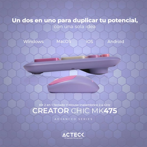 Kit Teclado y Mouse ACTECK CREATOR CHIC COLORS MK475 Inalambrico USB 2.4Ghz Delgado Morado AC-935173 