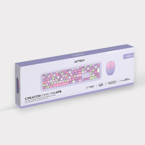 Kit Teclado y Mouse ACTECK CREATOR CHIC COLORS MK475 Inalambrico USB 2.4Ghz Delgado Morado AC-935173 