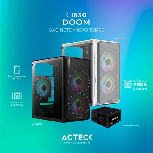 Gabinete ACTECK DOOM GI630 Micro ATX Mini Torre Fuente 500W 3 Fan Acrilico Negro AC-935739 
