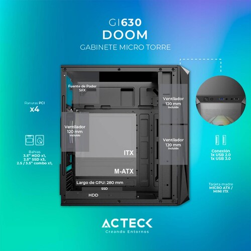 Gabinete ACTECK DOOM GI630 Micro ATX Mini Torre Fuente 500W 3 Fan Acrilico Negro AC-935739 