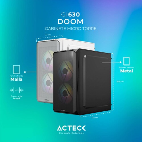 Gabinete ACTECK DOOM GI630 Micro ATX Mini Torre Fuente 500W 3 Fan Acrilico Negro AC-935739 