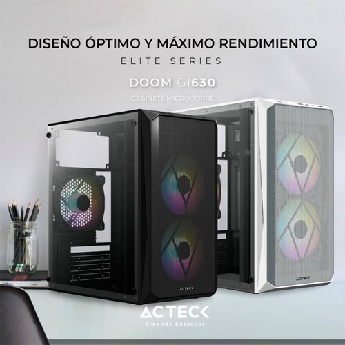 Gabinete ACTECK DOOM GI630 Micro ATX Mini Torre Fuente 500W 3 Fan Acrilico Negro AC-935739 