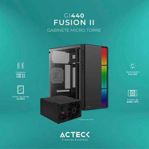 Gabinete ACTECK FUSION II GI440 Micro ATX Mini Torre Fuente 500W Acrilico Negro AC-935753 