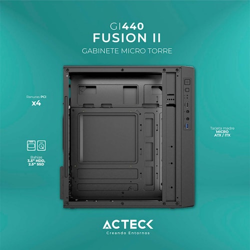 Gabinete ACTECK FUSION II GI440 Micro ATX Mini Torre Fuente 500W Acrilico Negro AC-935753 