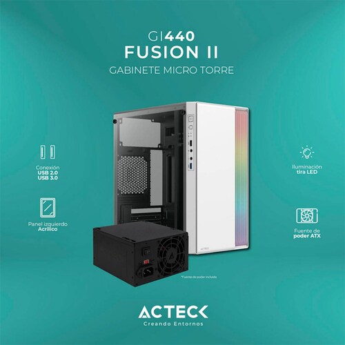 Gabinete ACTECK FUSION II GI440 Micro ATX Mini Torre Fuente 500W Acrilico Blanco AC-935760 