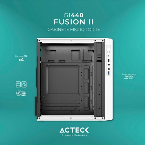 Gabinete ACTECK FUSION II GI440 Micro ATX Mini Torre Fuente 500W Acrilico Blanco AC-935760 
