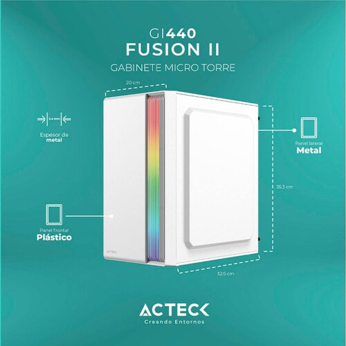 Gabinete ACTECK FUSION II GI440 Micro ATX Mini Torre Fuente 500W Acrilico Blanco AC-935760 