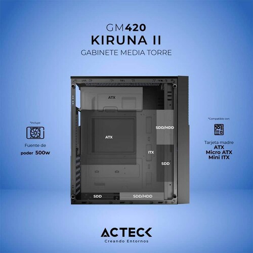 Gabinete ACTECK KIRUNA II GM420 ATX Media Torre Fuente 500W Metal Negro AC-935685 
