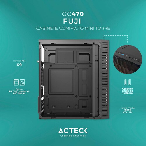 Gabinete ACTECK FUJI GC470 Micro ATX Mini Torre Fuente 500W 2 Fan Acrilico Negro AC-935838 