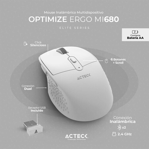Mouse ACTECK OPTIMIZE ERGO MI680 1600dpi 6 botones Inalambrico USB 2.4 Ghz Blanco AC-934084 