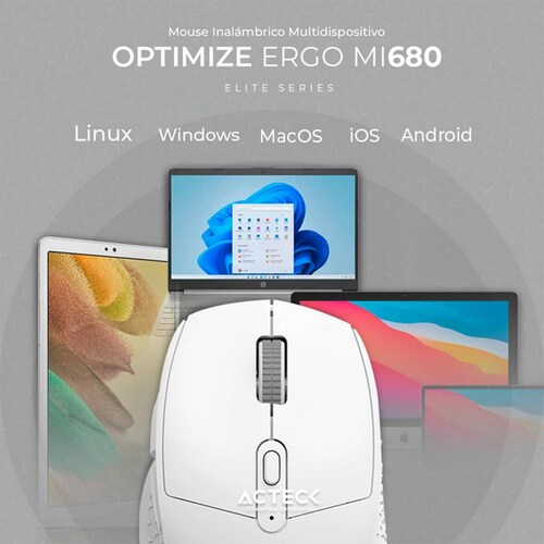 Mouse ACTECK OPTIMIZE ERGO MI680 1600dpi 6 botones Inalambrico USB 2.4 Ghz Blanco AC-934084 