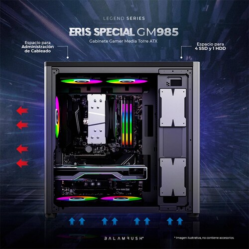 Gabinete Gamer BALAM RUSH ERIS SPECIAL GM985 ATX Media Torre Cristal templado USB-C Gris BR-935654 