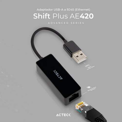 Adaptador Convertidor ACTECK SHIFT PLUS AE420 USB a Ethernet RJ45 Negro AC-934732 