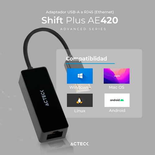 Adaptador Convertidor ACTECK SHIFT PLUS AE420 USB a Ethernet RJ45 Negro AC-934732 