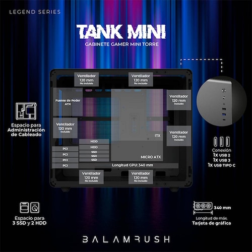 Gabinete Gamer BALAM RUSH TANK MINI GI930 M-ATX Mini Torre 3 Fan RGB USB-C Negro BR-936033 