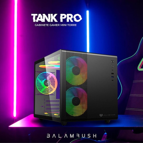 Gabinete Gamer BALAM RUSH TANK MINI GI930 M-ATX Mini Torre 3 Fan RGB USB-C Negro BR-936033 