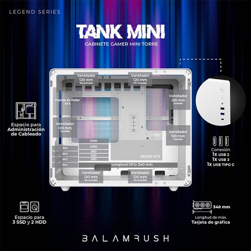 Gabinete Gamer BALAM RUSH TANK MINI GI930 M-ATX Mini Torre 3 Fan RGB USB-C Blanco BR-936040 