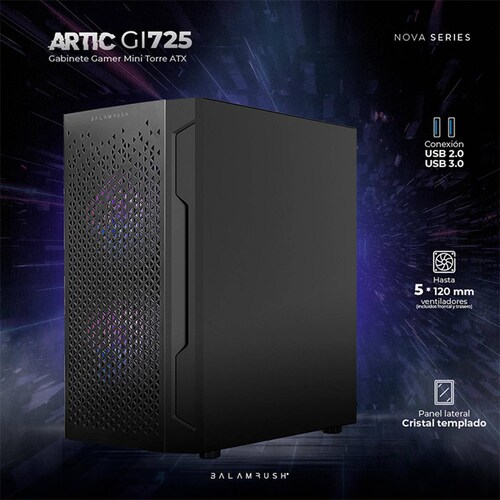 Gabinete Gamer BALAM RUSH ARTIC GI725 M-ATX Mini Torre 3 Fan Cristal Templado Negro BR-936118 