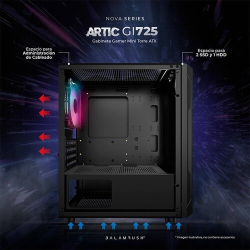 Gabinete Gamer BALAM RUSH ARTIC GI725 M-ATX Mini Torre 3 Fan Cristal Templado Negro BR-936118 