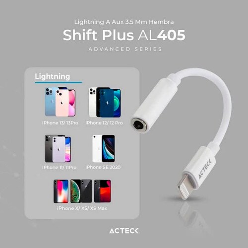 Adaptador Convertidor ACTECK SHIFT PLUS AL405 Lightning a Jack 3.5mm Blanco AC-934848 