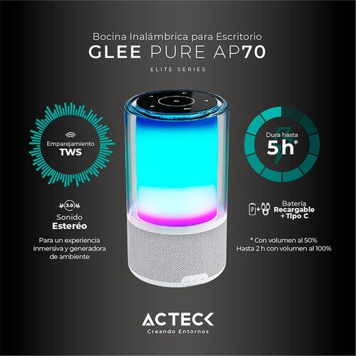 Bocina Portatil ACTECK GLEE PURE AP70 Inalambrica Luz LED Tws Blanco AC-936392 