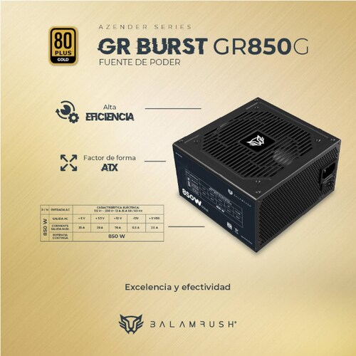 Fuente de Poder PC 850W Gamer BALAM RUSH GR BURST GR850G 80 Plus Gold Modular Negro BR-937658 