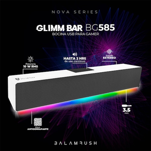 Bocina Gamer BALAM RUSH GLIMM BAR BG585 LED Bluetooth 3.5mm Blanco BR-936965 