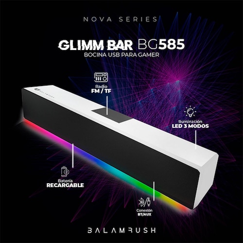 Bocina Gamer BALAM RUSH GLIMM BAR BG585 LED Bluetooth 3.5mm Blanco BR-936965 