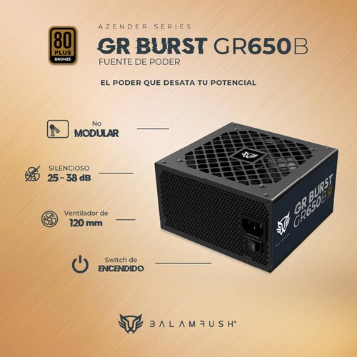 Fuente de Poder PC 650W Gamer BALAM RUSH GR BURST GR650B 80 Plus Bronze No Modular Negro BR-937689 