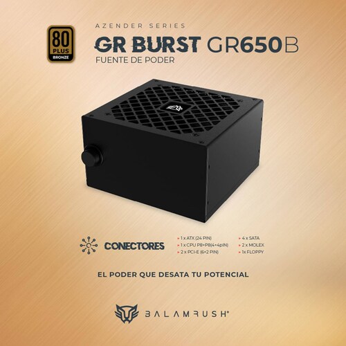 Fuente de Poder PC 650W Gamer BALAM RUSH GR BURST GR650B 80 Plus Bronze No Modular Negro BR-937689 
