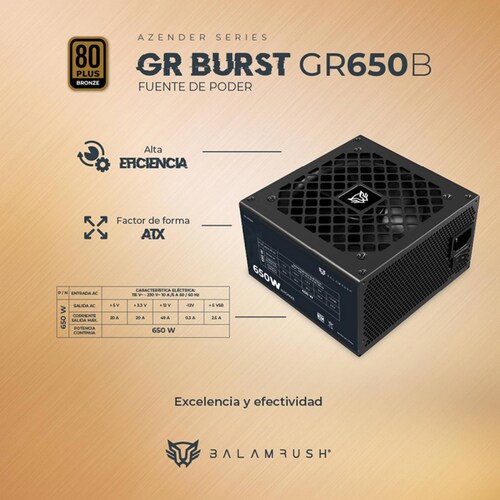 Fuente de Poder PC 650W Gamer BALAM RUSH GR BURST GR650B 80 Plus Bronze No Modular Negro BR-937689 